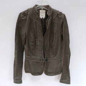 Anthropologie Elevenses Military Peplum Jacket 2 XS Olive Cropped Cotton Linen